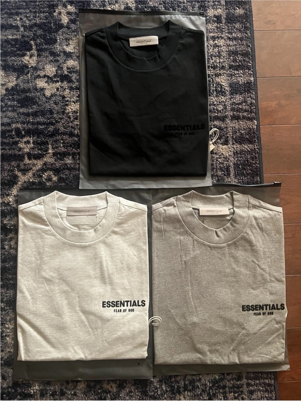 ESSENTIALS Men’s Crewneck T-Shirt - Limo, Light Oatmeal, and dark Oatmeal